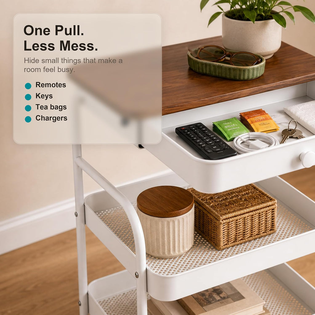 3 Tier Rolling Cart with Hidden Drawer and Wood Top, Small Space Storage Cart with Wheels, Coffee Station Organizer and Side Table Cart for Living Room, Bedroom, Kitchen, White