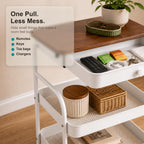 3 Tier Rolling Cart with Hidden Drawer and Wood Top, Small Space Storage Cart with Wheels, Coffee Station Organizer and Side Table Cart for Living Room, Bedroom, Kitchen, White