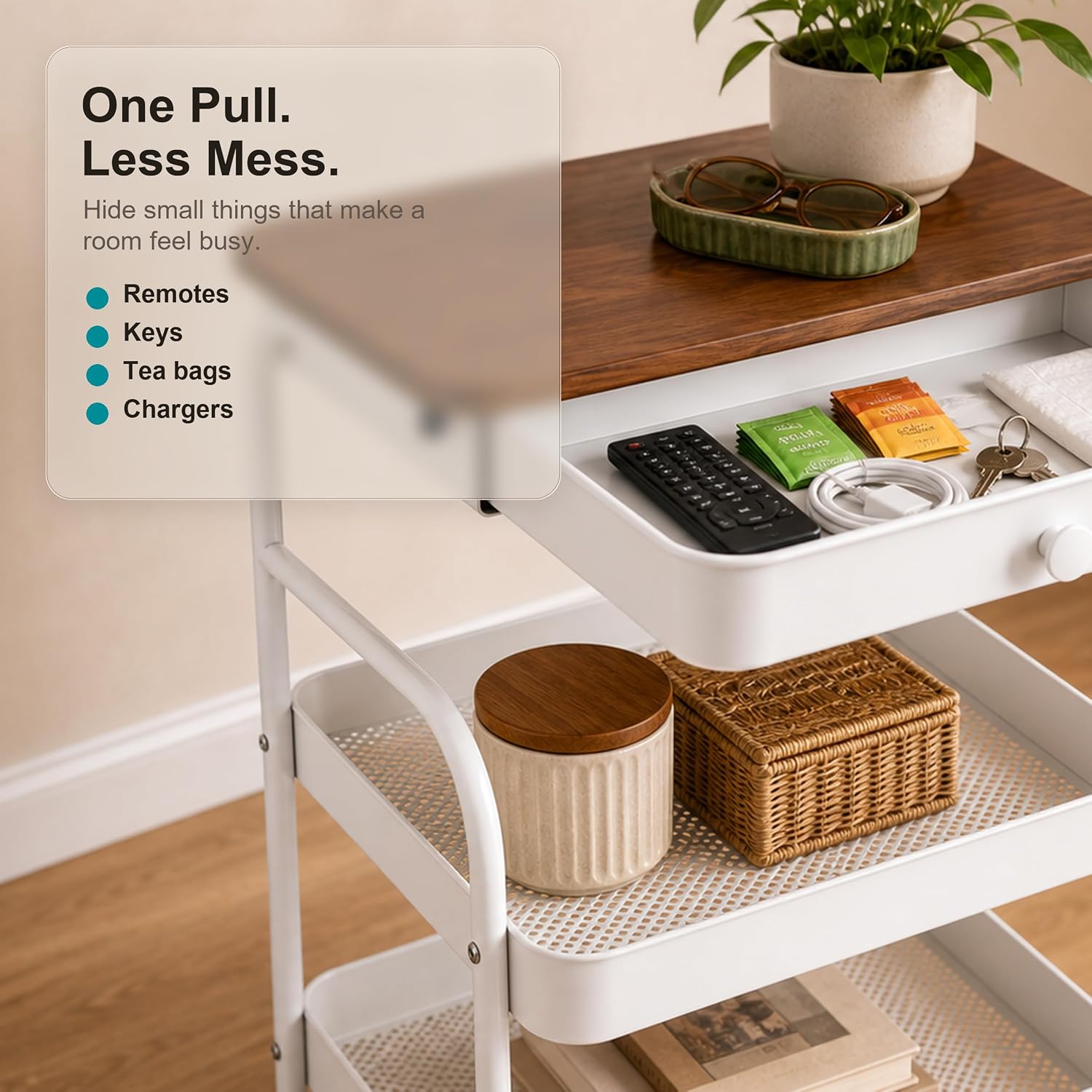 3 Tier Rolling Cart with Hidden Drawer and Wood Top, Small Space Storage Cart with Wheels, Coffee Station Organizer and Side Table Cart for Living Room, Bedroom, Kitchen, White