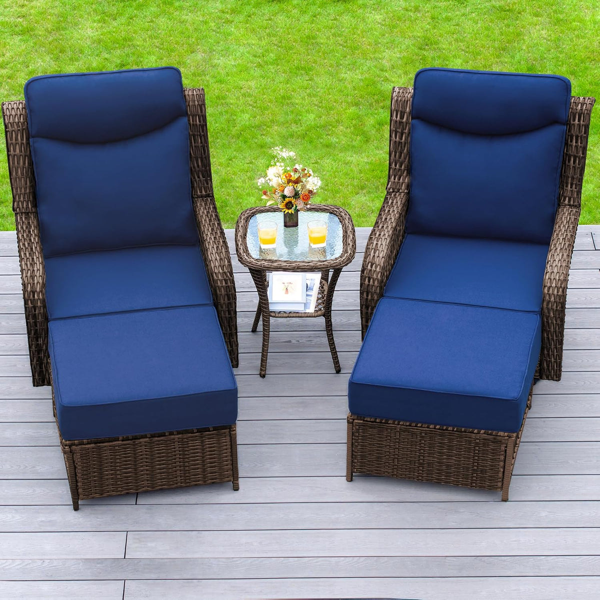 PIZZELLO Outdoor Swivel Rocker Chairs 5 Pieces Wicker Swivel Patio Chair w/Ottomans, Side Table, 5" Extra Thick Cushions and 25" Full Support Back, Patio Furniture Set for Outside Backyard