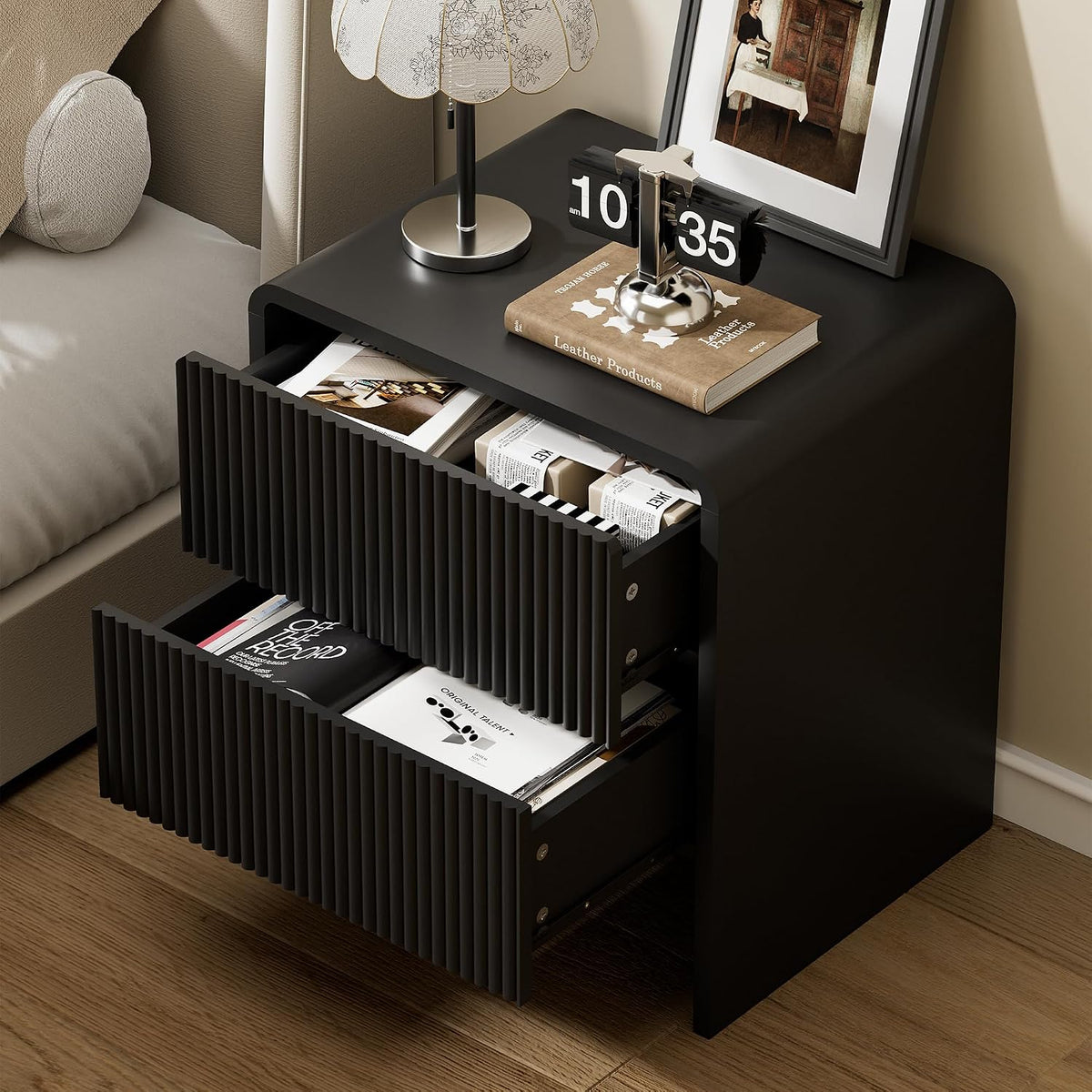 Furniway Set of 2 Modern Curved Nightstand with 2 Drawers, Push-to-Open Wooden Bedside Table, Minimalist End Table for Bedroom, Black