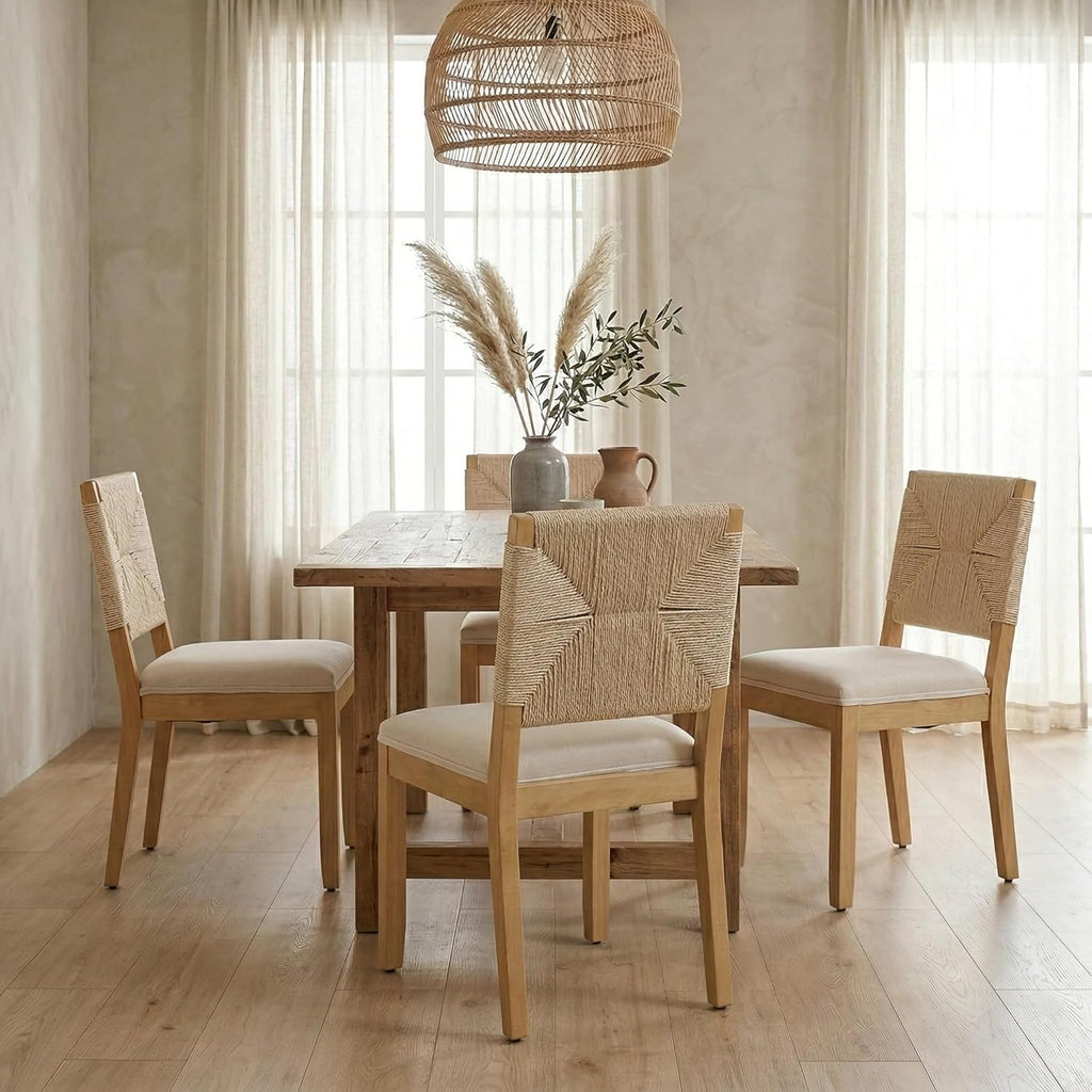 Dining Chairs Set of 4, Modern Farmhouse Dining Room Chairs with Rope Woven Square Back, Linen Upholstered Seat & Solid Wood Frame, Sillas de Comedor, Boho Kitchen & Dining Room Chairs (Beige, 4Pcs)