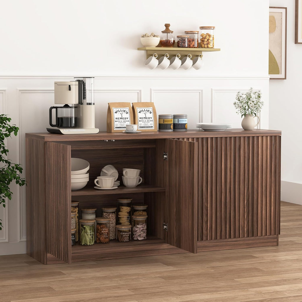 63" Fluted Buffet Cabinet Sideboard with Storage,Large Credenza with 4 Doors with Adjustable Shelves,Wood Mid Century Modern Sideboard for Kitchen, Living Room,Entryway(Walnut)