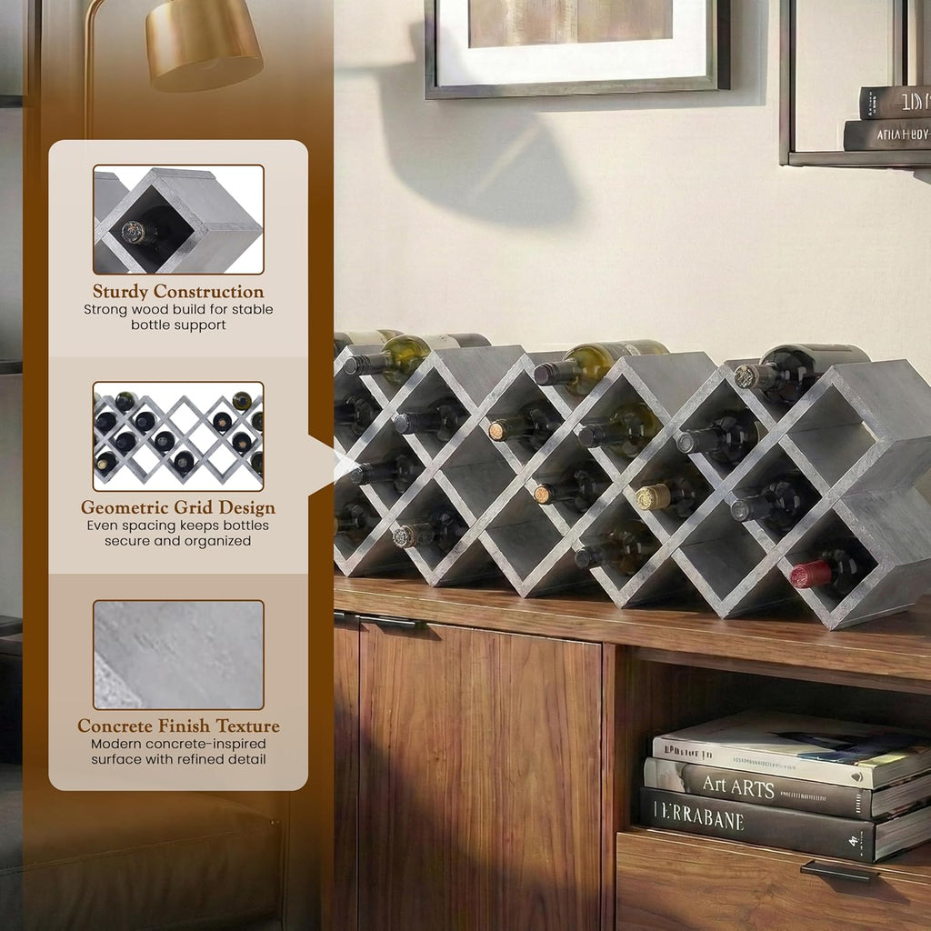 Kings Brand Furniture 30-Bottle Wine Rack – Geometric Grid Design, Modern Countertop Wine Storage for Kitchen, Bar, or Sideboard Display (Concrete Finish)