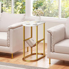 Giantex Oval Narrow Side Table, Small End Table with Magazine Rack Sling Holder Pouch, Modern Slim Nightstand, Bedside Tables for Living Room Bedroom Couch Small Spaces, White & Gold