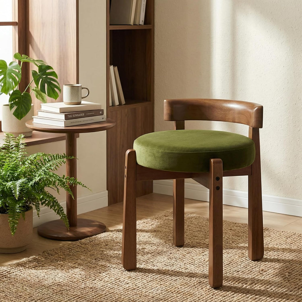 DUOMAY Velvet Vanity Stool with Low Back, Upholstered Round Makeup Stool, Cute Solid Wood Legs Footrest Ottoman for Bedroom, Dressing Table, Living Room (Green)