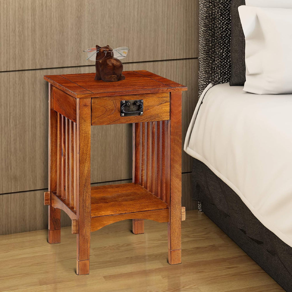 Benjara Spacious Mango Wood Telephone Stand with Slatted Side Panels, Brown
