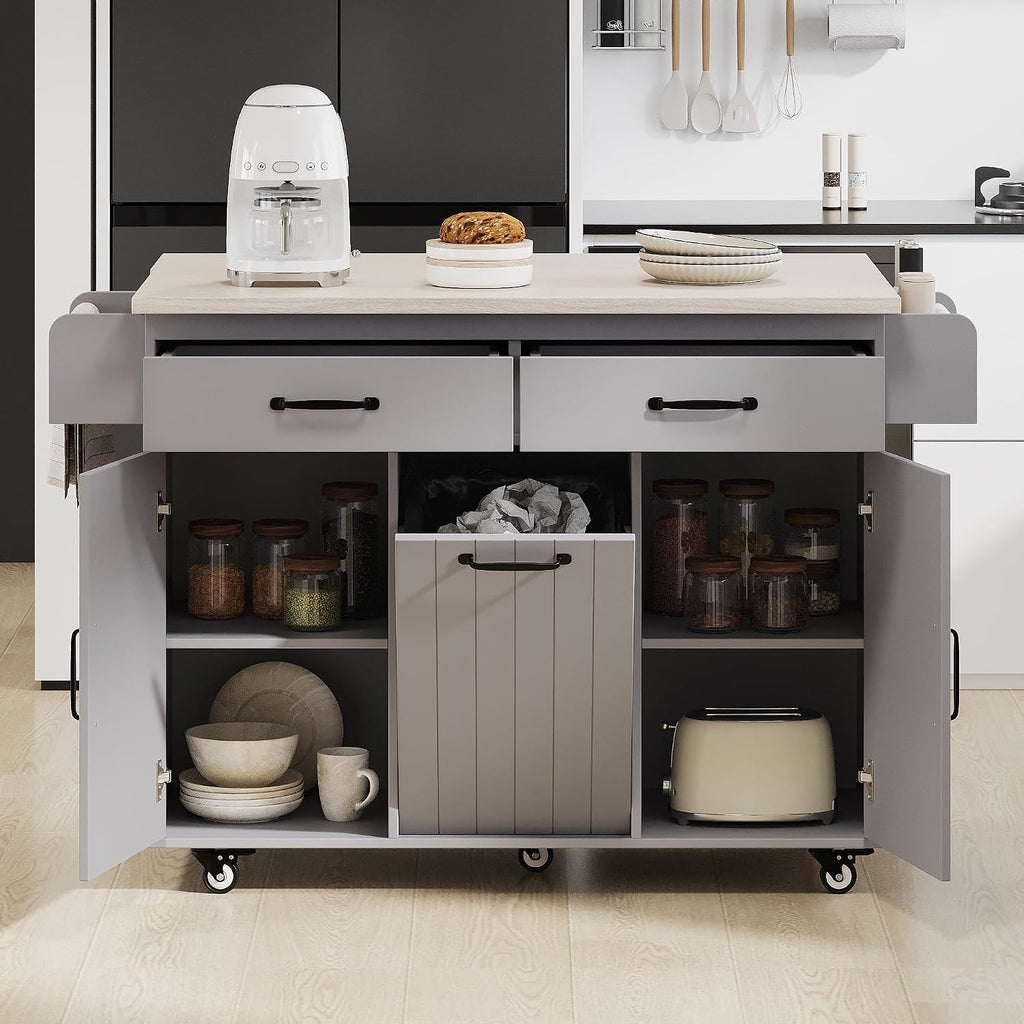51" Rolling Kitchen Island with Tilt-Out Trash Cabinet & Drop Leaf | Tilt-Out Trash Cabinet, Drop Leaf Extension, Rolling Design, Kitchen Storage, 51 Inch Width