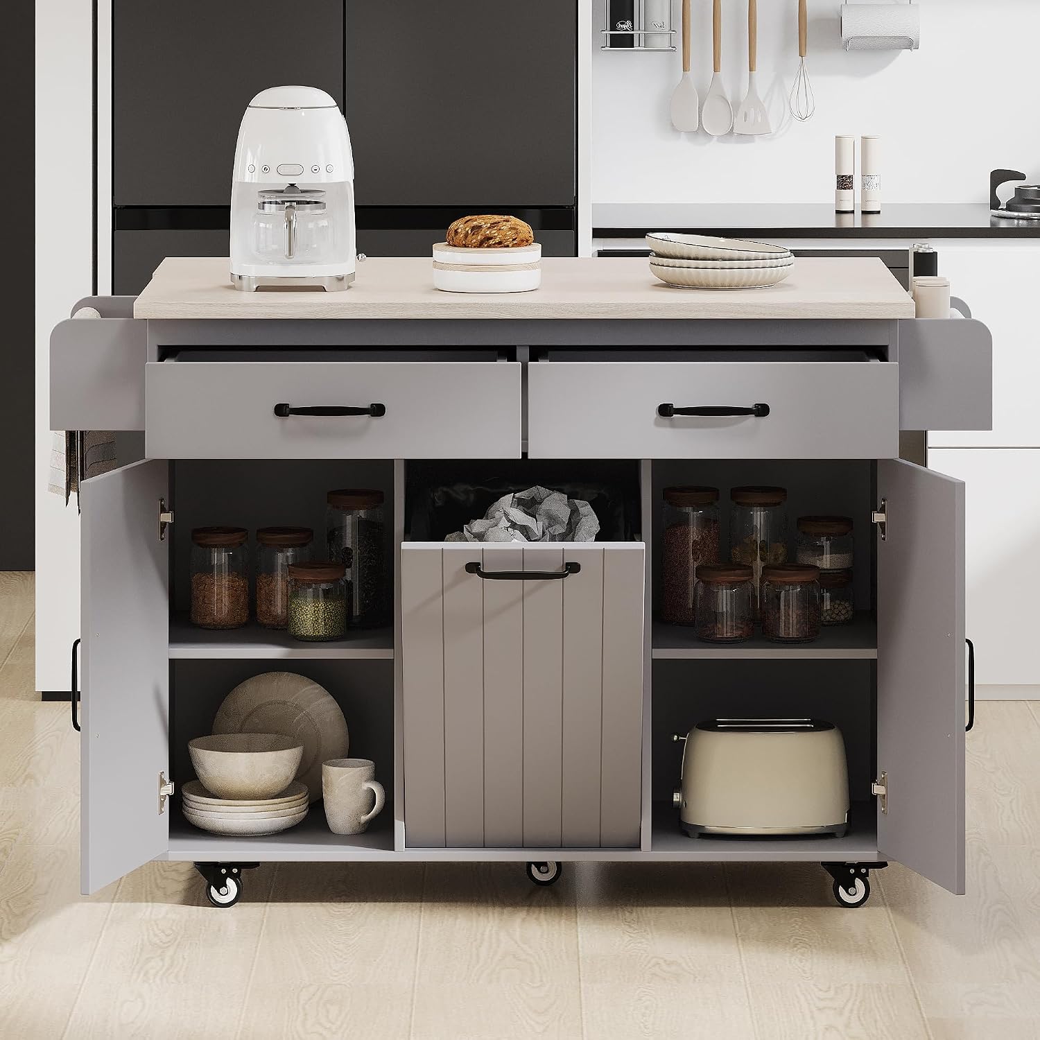 51" Rolling Kitchen Island with Tilt-Out Trash Cabinet & Drop Leaf | Tilt-Out Trash Cabinet, Drop Leaf Extension, Rolling Design, Kitchen Storage, 51 Inch Width