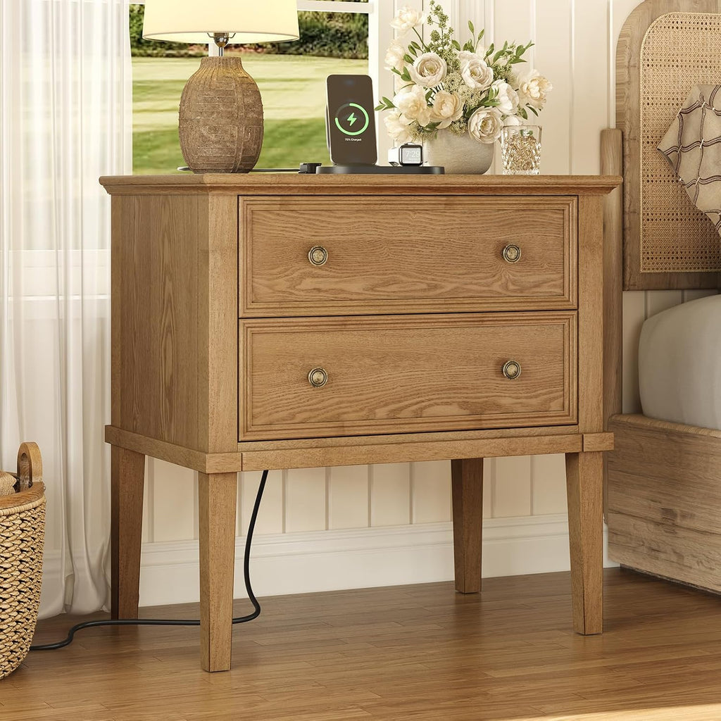 IKENO Solid Wood Nightstand with Charging Station, Wooden End Table with 2 Solid Wood Drawers, Farmhouse Style Side Table, Suitable for Bedroom, Teak