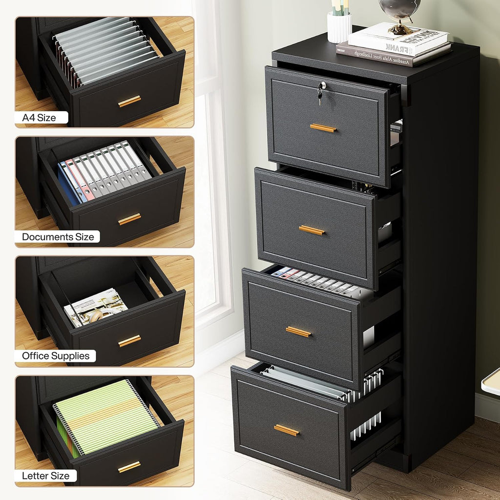 Tribesigns 4 Drawer File Cabinet with Lock, Filing Cabinets for Home Office | Vertical Wooden File Cabinet with Key, Modern Style, Tall Office Storage Cabinet for Legal Size/Letter/A4/Files, Black