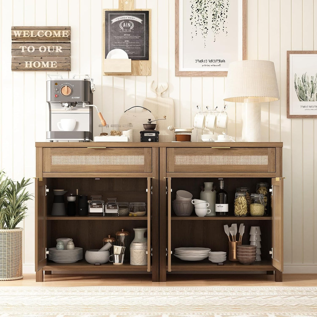 Sideboard Buffet Cabinet with Storage - 30" Rattan Boho Console Cabinets with Drawers, Mid Century Coffee Bar Cabinet for Entryway Living Room, Caramel Oak, Two Doors, Set of 2