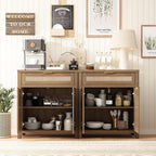 Sideboard Buffet Cabinet with Storage - 30" Rattan Boho Console Cabinets with Drawers, Mid Century Coffee Bar Cabinet for Entryway Living Room, Caramel Oak, Two Doors, Set of 2