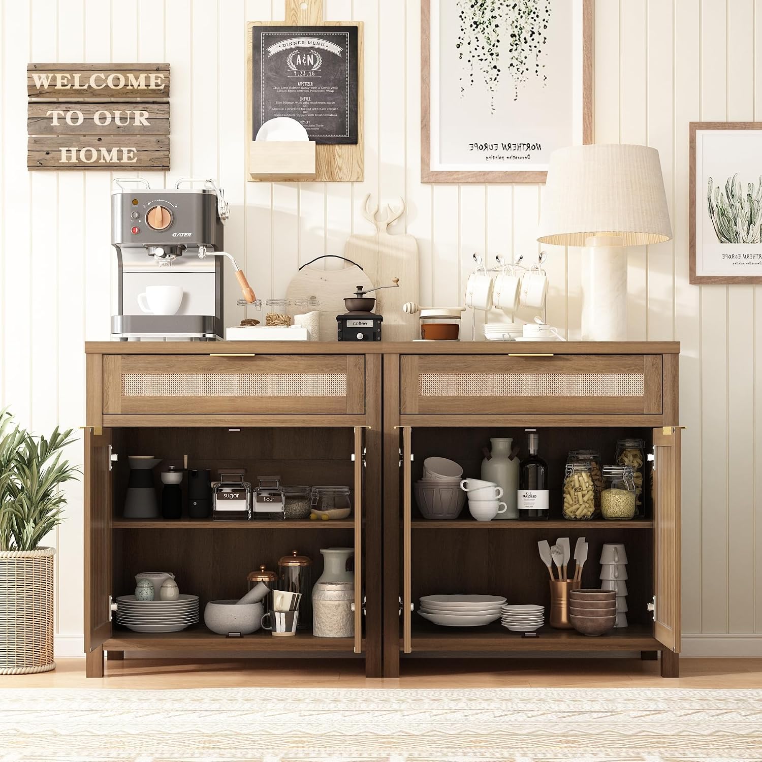 Sideboard Buffet Cabinet with Storage - 30" Rattan Boho Console Cabinets with Drawers, Mid Century Coffee Bar Cabinet for Entryway Living Room, Caramel Oak, Two Doors, Set of 2
