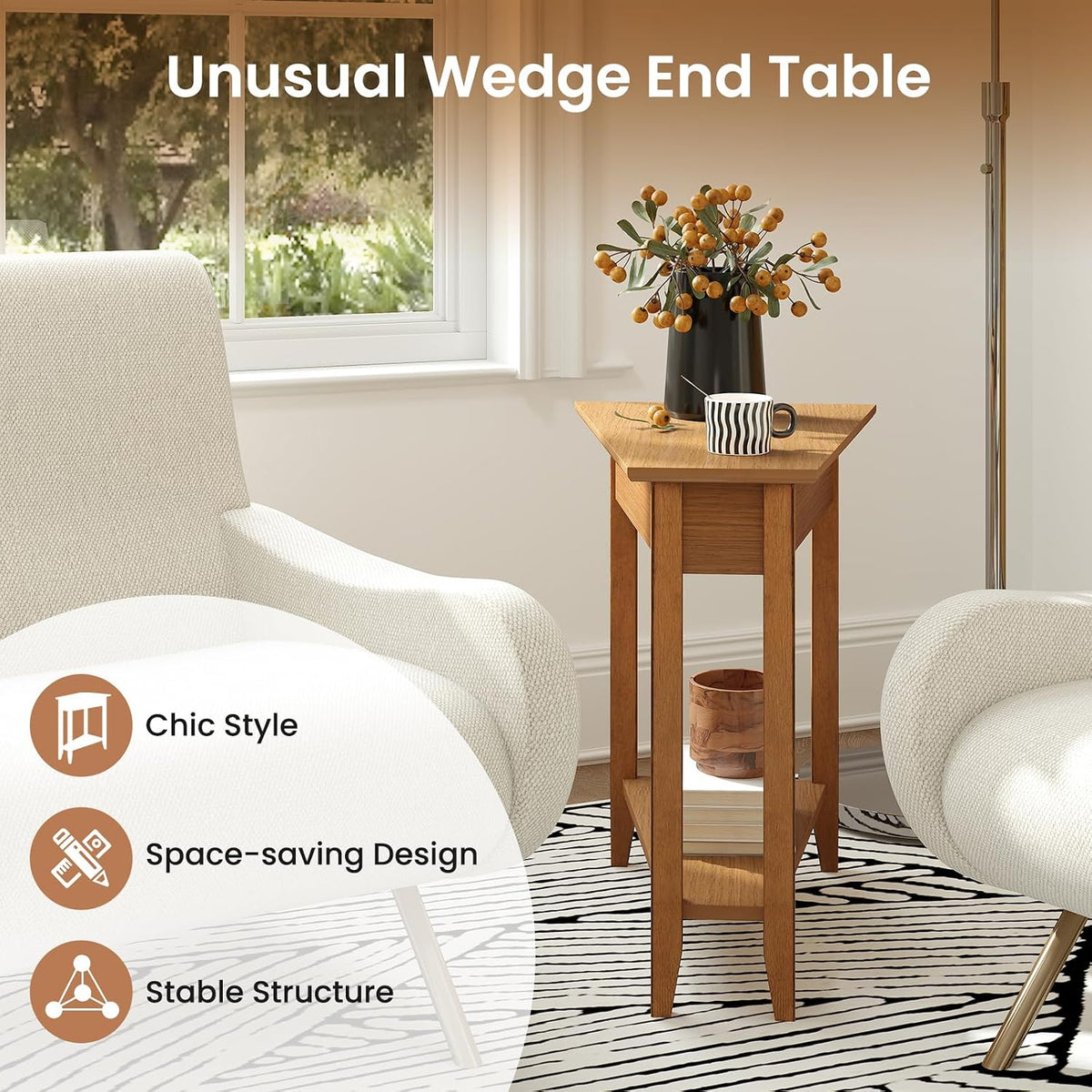 GOFLAME 2-Tier Wedge End Table, Narrow Triangle Side Table with Storage Shelf, Solid Wood Legs, Nightstand, Recliner Wedge Table for Living Room, Bedroom, Small Space, Rustic Walnut