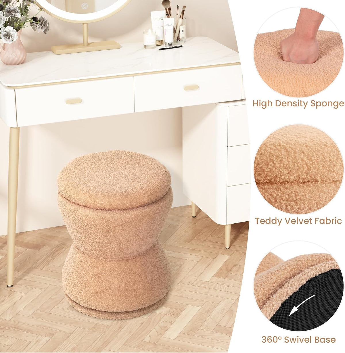 EazeHome Round Ottoman with Storage, Swivel Boucle Ottoman Vanity Stool, Upholstered Footstool with Storage Removable Lid, Modern Round Footrest Coffee Table for Living Room, Dorm, Makeup Room, Coral