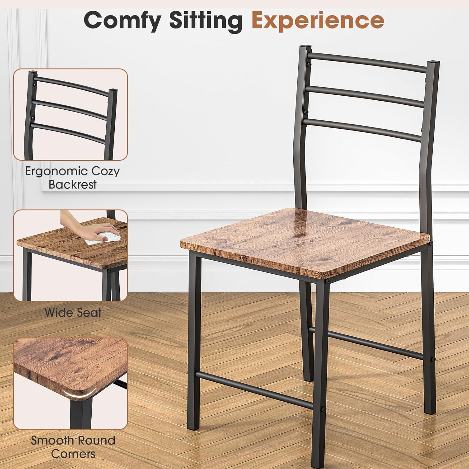 Fenbeli 3 Piece Dining Table Set - Small Kitchen Table & Chair Sets for 2, Breakfast Table Set w/Steel Frame, Built-in Storage Rack for Dining Room, Living Room, Apartment (Brown, Small)