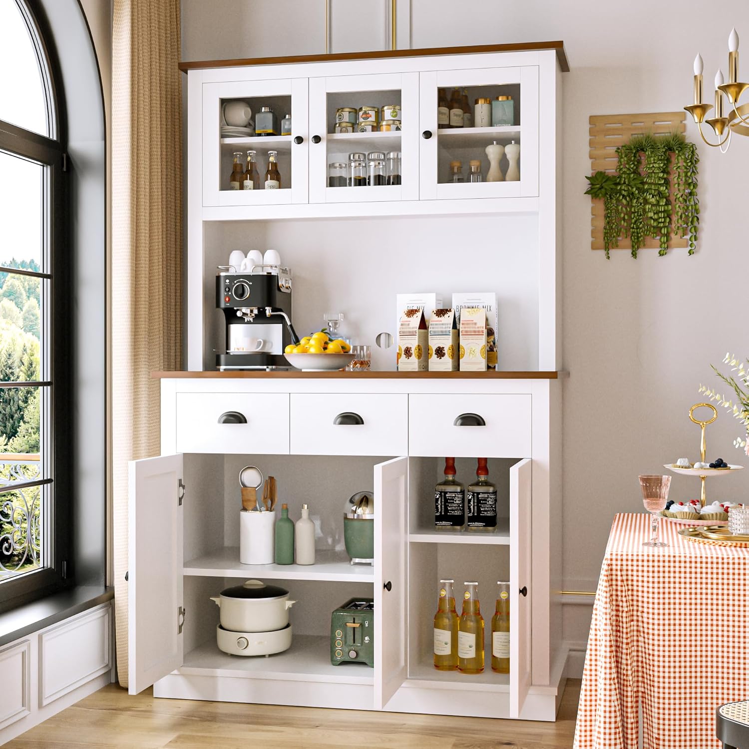 MU 71" Kitchen Pantry Cabinet with Charging Station, Tall Pantry Hutch with Drawers, Countertop & Microwave Shelf, Food Storage Cabinet for Dining Room & Coffee Bar, White