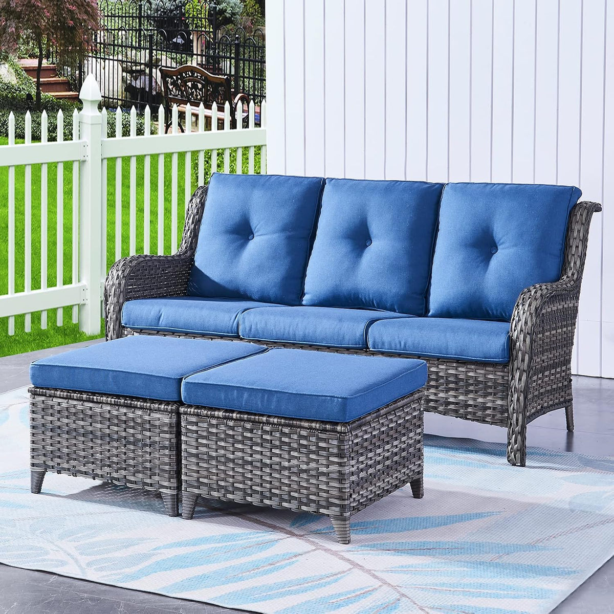 Outdoor Ottomans Patio Foot Rest - 2 Piece Wicker Rattan Ottoman Footrests Footstools with Comfortable Cushions for Patio Porch Deck Balcony Garden(Mixed Grey Wicker/Blue Cushion)