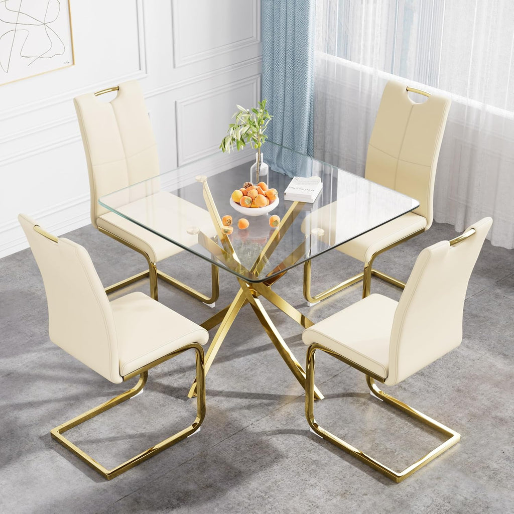 36 Inch Dining Table Set for 4, Modern Square Tempered Glass Top, Gold Finish Stainless Steel Legs Table and PU Leather Chairs for Dining Room, Living Room, Kitchen, Beige with Gold Base