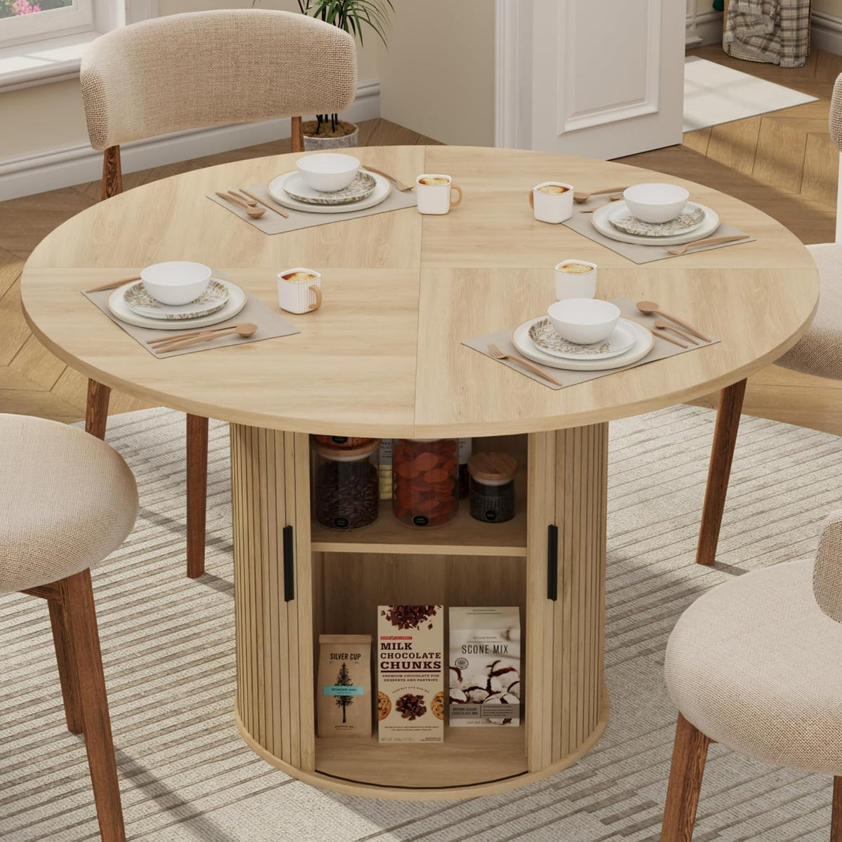 GarveeHome 47'' Round Dining Table with Hidden Storage for 4, Kitchen Dining Room Circle Dinner Pedestal Table with Slide Door Shelf, Space Saving Wood Furniture for Small Spaces, Dining Room, Natural