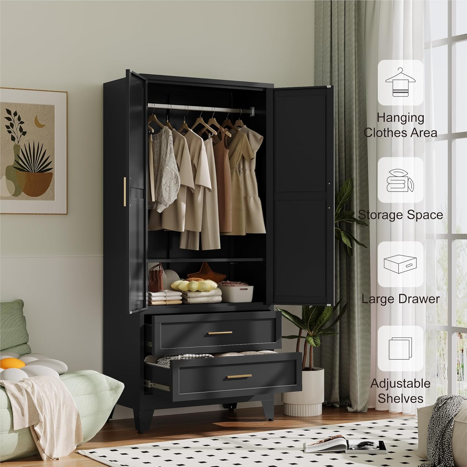 Baborokic Metal Wardrobe Cabinet with Hanging Rod,71" Armoire Wardrobe Closet with Adjustable Shelves,Farmhouse Steel Clothing Storage Cabinets for Bedroom,Office,Laundry Room Black