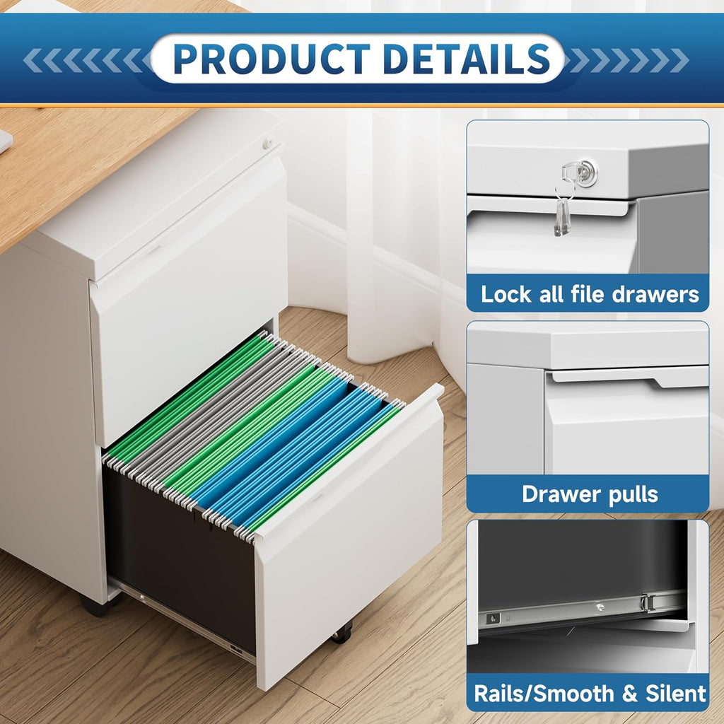 2 Drawer File Cabinet with Lock,Filing Cabinet for Home Office,Small Rolling for Legal/Letter/A4 File,Mobile Cabinets on Wheels Under Desk -White
