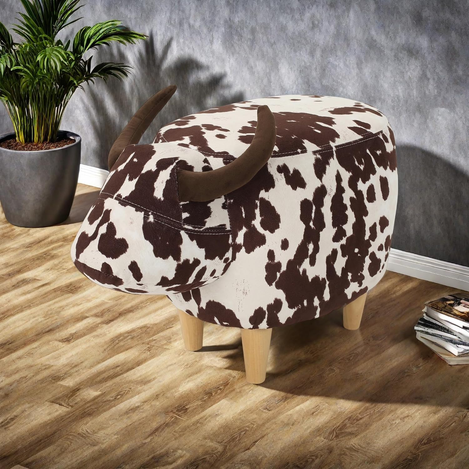 Modern Footstool, Cow-Shaped Ottoman with Birch Legs Cute Velvet Foot Rest for Couch Sofa, Artsy Animal Print Foot Stool for Living Room, Bedroom, Porch, Garden, Balcony Decor (Brown + White）
