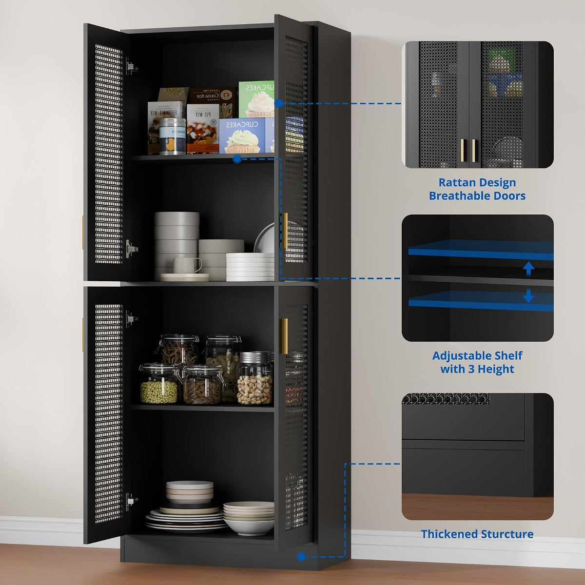Cozy Castle Kitchen Pantry Cabinet, 71" Tall Rattan Doors Storage Cabinet and Adjustable Shelves, Modern Farmhouse Wood Cupboard Utility Hutch for Kitchen, Dining Room, Living Room (Black)
