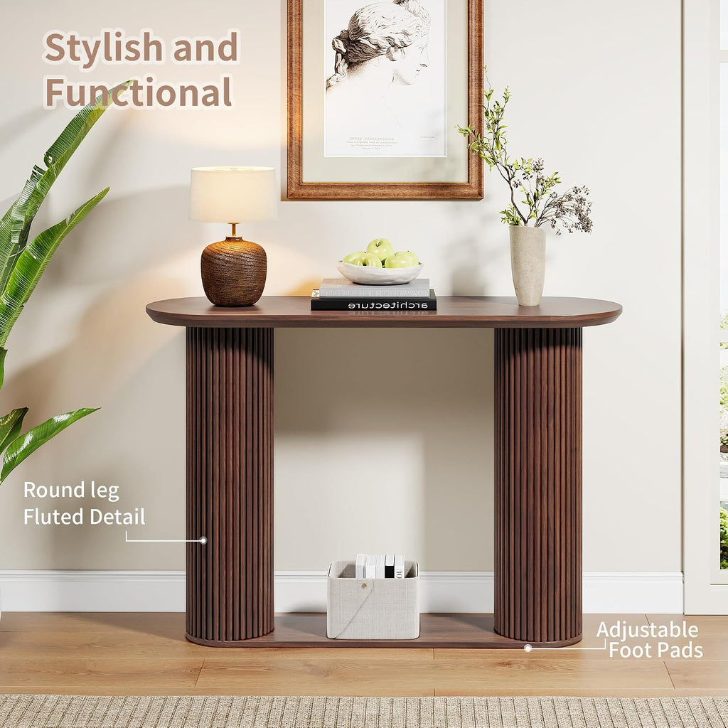 AVZEAR Fluted Entryway Console Table with Storage Shelf, Oval Curved Mid Century Couch Table Behind Sofa Console Tables Long and Skinny for Living Room Hallway Entrance Foyer, Walnut