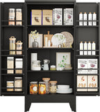PAOFIN 47" Kitchen Pantry Cabinet, Metal Storage Cabinet with 3 Adjustable Layer Shelves, 8 Door Shelves, Buffet Sideboard for Living Room, Kitchen, Black