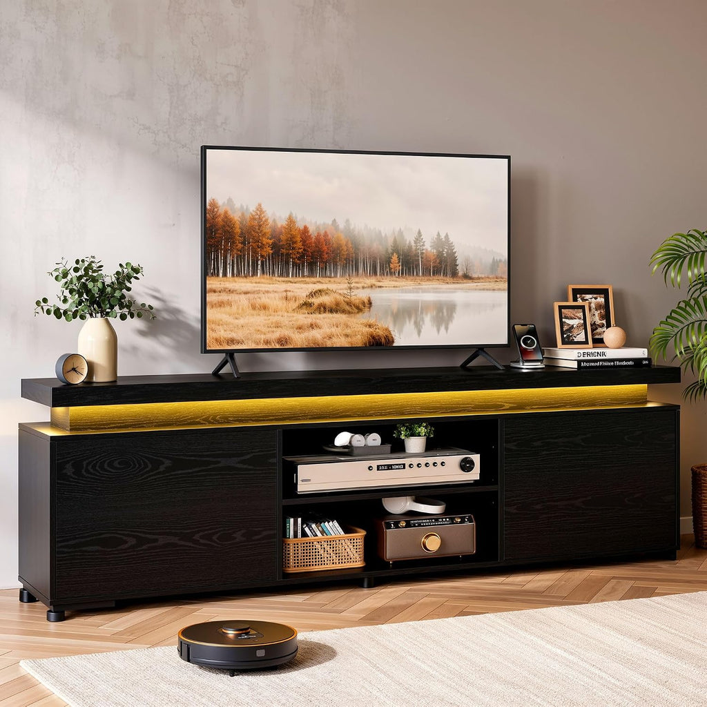 IRONCK TV Stand Entertainment Center with LED Lights for 85 inch | Power Outlet, Cabinets and Adjustable Shelf. USB ports, Type-C and 4.9ft power cord. Hold TVs up to 65, 70, 75, 85 inches.