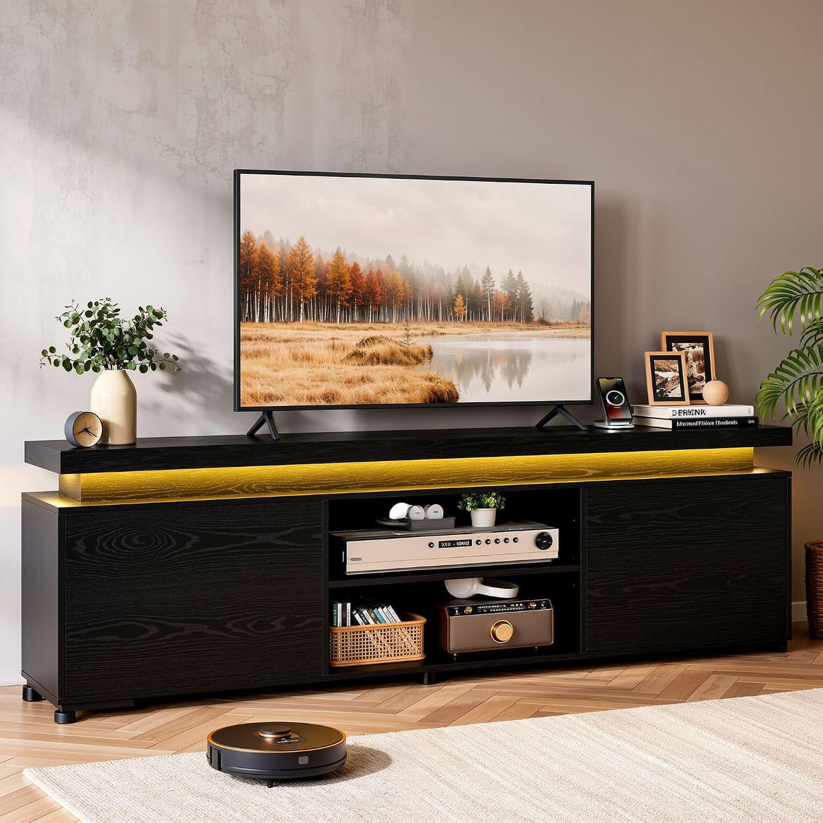 IRONCK TV Stand Entertainment Center with LED Lights for 85 inch | Power Outlet, Cabinets and Adjustable Shelf. USB ports, Type-C and 4.9ft power cord. Hold TVs up to 65, 70, 75, 85 inches.