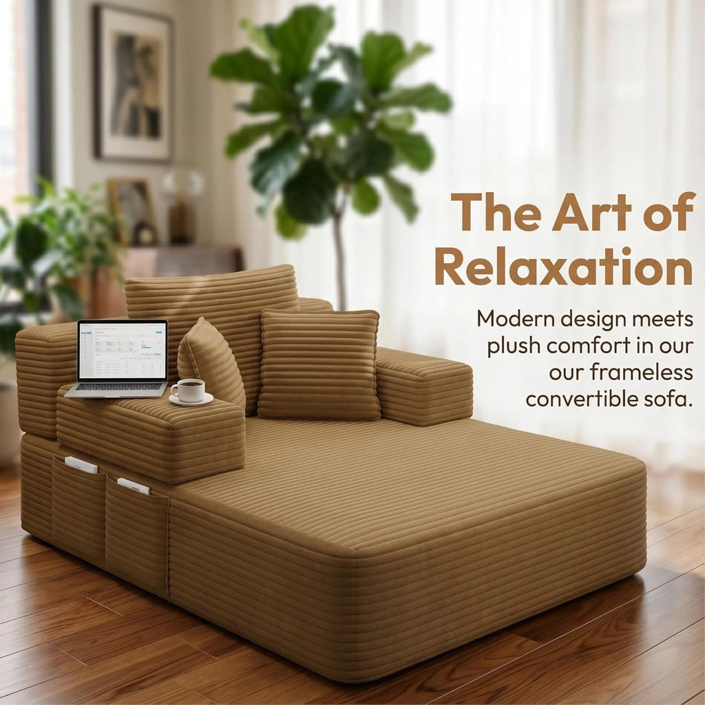 61 inch Floor Chaise Lounge Chair Indoor, Oversized Corduroy Lounge, Deep Seat Sofa Bed for Living Room, Comfy Reading Nook Chair for Small Spaces, No Assembly Required, Camel