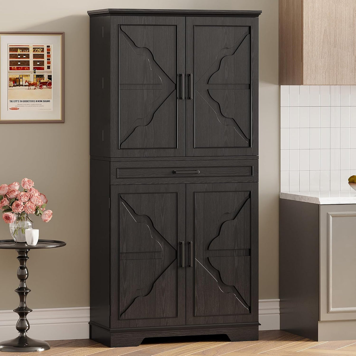 IRONCK 72" Farmhouse Kitchen Pantry Cabinet with Sliding Storage Rack,Black | Tall Freestanding Cupboard with 6 Hanging Shelves for Kitchen, Dining Room