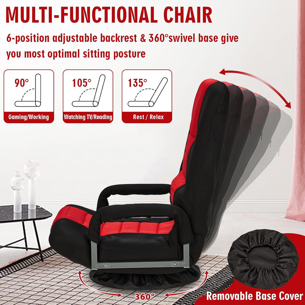 Swivel Floor Gaming Chair w/Armrests,Folding Video Reclining Sofa w/6 Adjustable Position, Padded Backrest & Cushion, Lazy Lounger Couch for E-Sports, Reading, Relaxing, Watching TV, Red