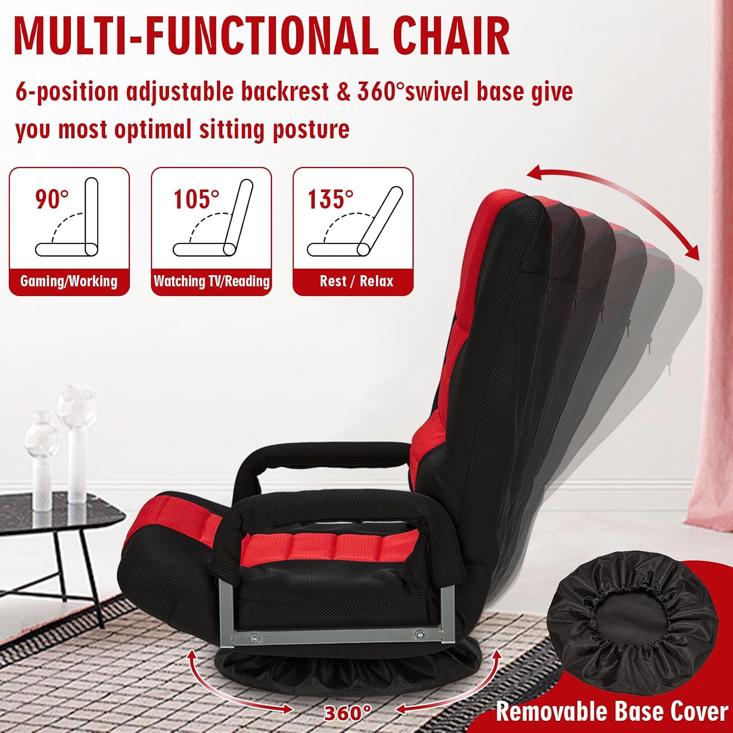 Swivel Floor Gaming Chair w/Armrests,Folding Video Reclining Sofa w/6 Adjustable Position, Padded Backrest & Cushion, Lazy Lounger Couch for E-Sports, Reading, Relaxing, Watching TV, Red
