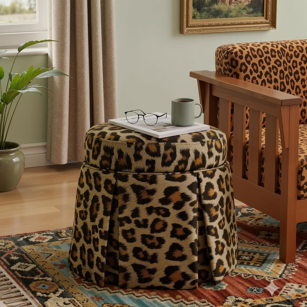 18" Round Storage Ottoman, Upholstered Leopard Print Stool-Foot Rest Skirt Hem, Footstool Pouf with Vietnam Acacia Wood Frame(500Lbs), Reversible Tray Lid for Bedroom,Fully Assembled