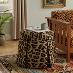 18" Round Storage Ottoman, Upholstered Leopard Print Stool-Foot Rest Skirt Hem, Footstool Pouf with Vietnam Acacia Wood Frame(500Lbs), Reversible Tray Lid for Bedroom,Fully Assembled
