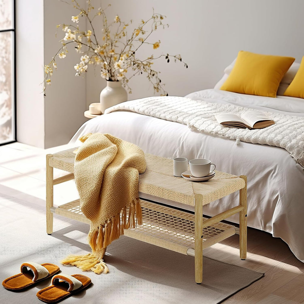Recaceik Indoor Entryway Bench with Paper Cord Ottoman & Grid Storage Rack, Mid-Century Long Bench with Rubber Wood Legs, French Vanity End Bed Bench for Bedroom Living Room Channel