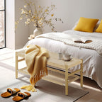 Recaceik Indoor Entryway Bench with Paper Cord Ottoman & Grid Storage Rack, Mid-Century Long Bench with Rubber Wood Legs, French Vanity End Bed Bench for Bedroom Living Room Channel