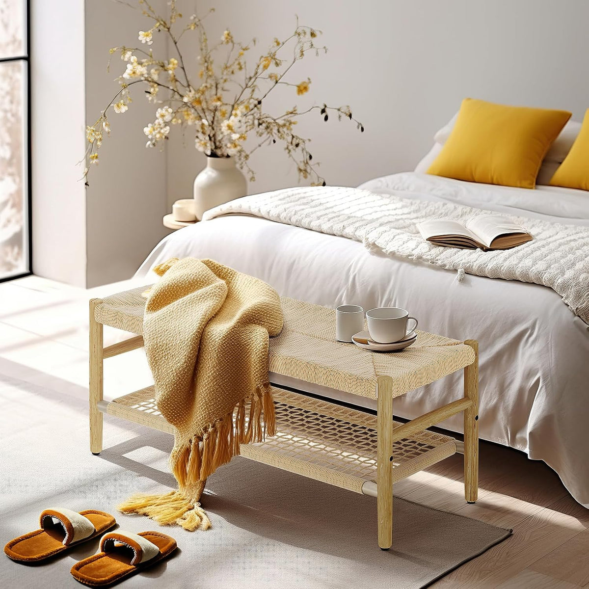 Recaceik Indoor Entryway Bench with Paper Cord Ottoman & Grid Storage Rack, Mid-Century Long Bench with Rubber Wood Legs, French Vanity End Bed Bench for Bedroom Living Room Channel