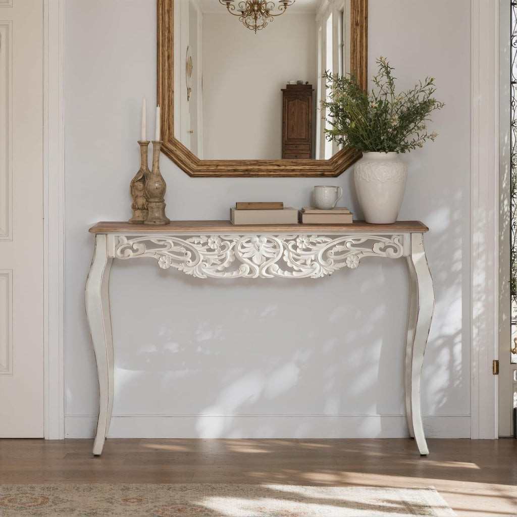 Console Table for Entryway with Carved Details, 43.31" Long Sofa Table Behind Couch, Vintage French Country Entry Table with Wood Carvings and Curved Legs for Hallway, Living Room - Antique White