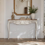 Console Table for Entryway with Carved Details, 43.31" Long Sofa Table Behind Couch, Vintage French Country Entry Table with Wood Carvings and Curved Legs for Hallway, Living Room - Antique White