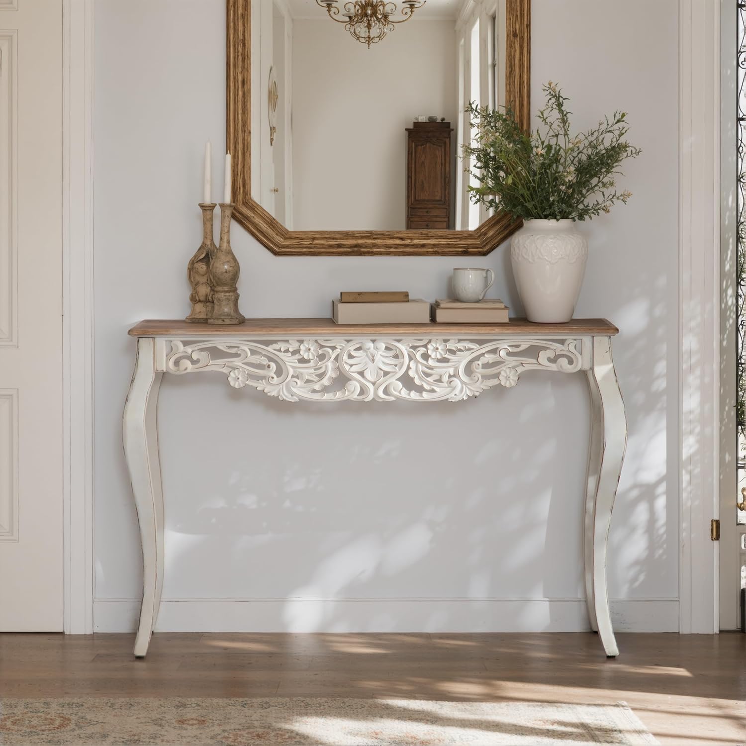 Console Table for Entryway with Carved Details, 43.31" Long Sofa Table Behind Couch, Vintage French Country Entry Table with Wood Carvings and Curved Legs for Hallway, Living Room - Antique White