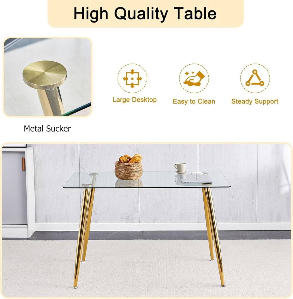 Baysitone 63" Modern Glass Dining Table with 4 Hot Pink Velvet Dining Chairs, Gold Metal Legs - Stylish 5-Piece Dining Set for Home