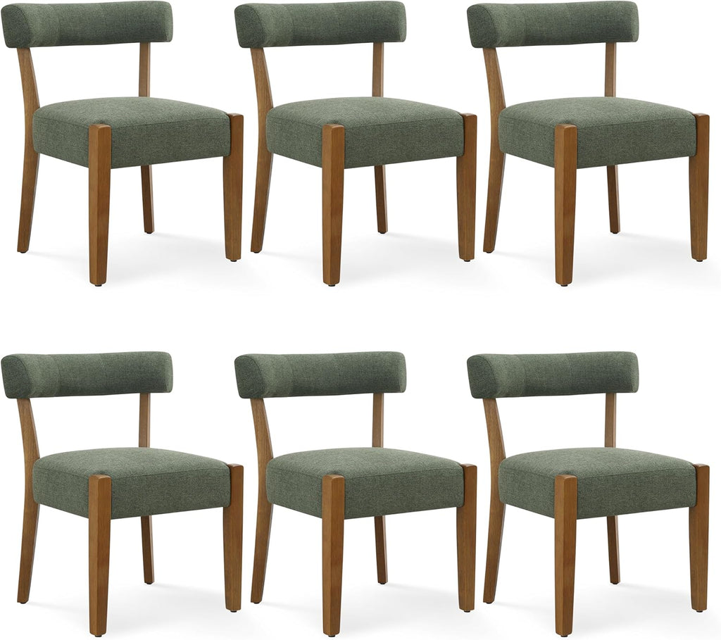 RNKSFX Upholstered Green Dining Chairs Set of 6, Walnut Wooden Kitchen & Dining Room Chairs, Mid Century Modern Fabric Farmhouse Dining Chairs Oversized Sturdy Rounded Chairs Curved Back