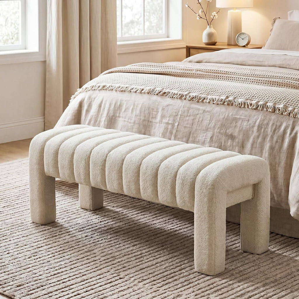 43’’ Bedroom Bench, Upholstered End of Bed Bench with Solid Wood Legs, Modern Small Dining Bench with Full Covered Fabrics for Entryway, Bedroom, Living Room (Beige, Linen)