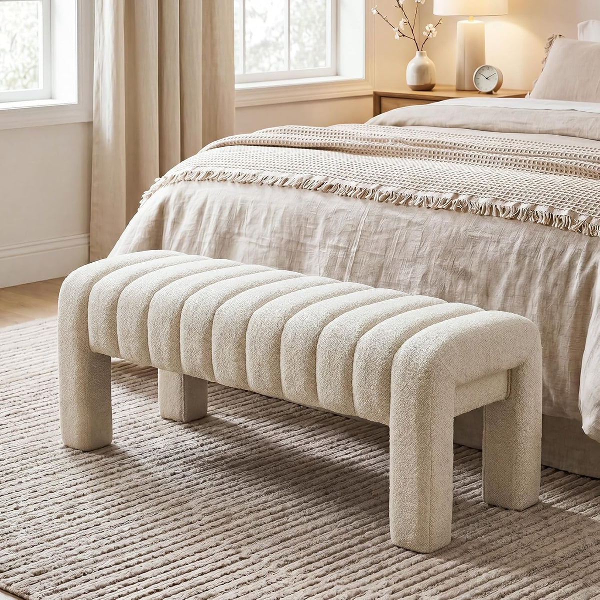 43’’ Bedroom Bench, Upholstered End of Bed Bench with Solid Wood Legs, Modern Small Dining Bench with Full Covered Fabrics for Entryway, Bedroom, Living Room (Beige, Linen)
