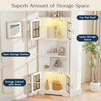 Corner Cabinet with Glass Doors and LED Lights, 67" Tall Corner Pantry Cabinet, Modern Farmhouse Corner Cabinet Organizer for Bathroom Kitchen Living Room, White
